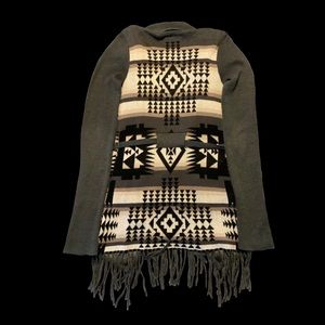 Billabong Tribal Aztec Cardigan Drape Gray Fringe Boho Wrap Sweater Women, MED